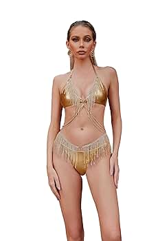 Amazon.com: LUMINOVA Luxe Metallic Gold Bikini with Fringe